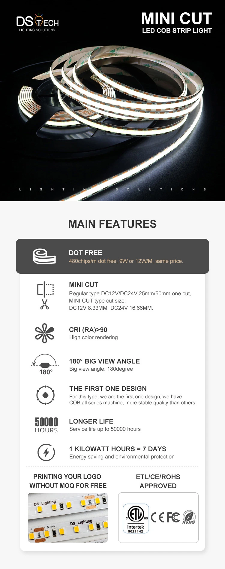 Dotless in Aluminum Profile Cut Size 8.33mm 480chips/M COB LED Strip Light LED Flexible Strip